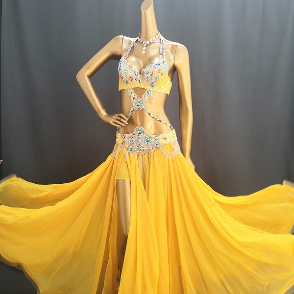 Hand made Beaded Belly Dance Samba Costume yellow multicolour bra+ belt +skirt+neck 4 pcs tf1732