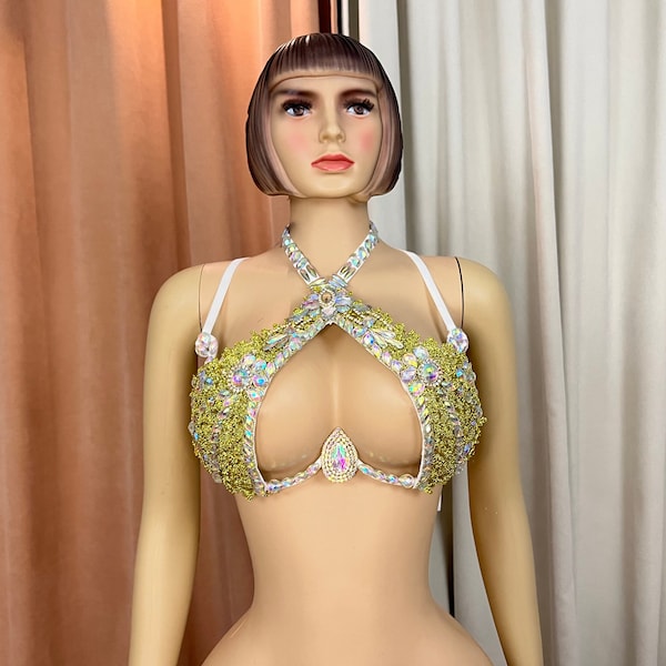 Samba Carnival Rave Festival Paty Wire Bra Rainbow  Stone