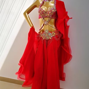 Hand made Beaded Belly Dance Samba Costume red color bra+ belt +skirt+neck 4 pcs tf1732