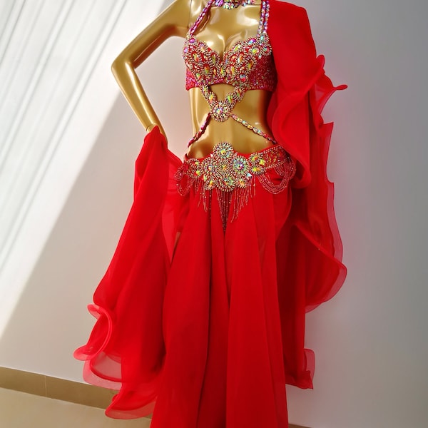 Costume de samba de danse du ventre fait main couleur rouge soutien-gorge + ceinture + jupe + cou 4 pièces tf1732