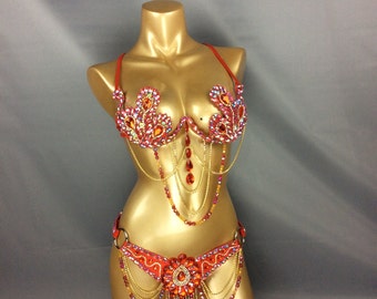 Samba Carnivel wire Bra and belt Rainbow Stone FREE SHIPPING CB010 red and gold color