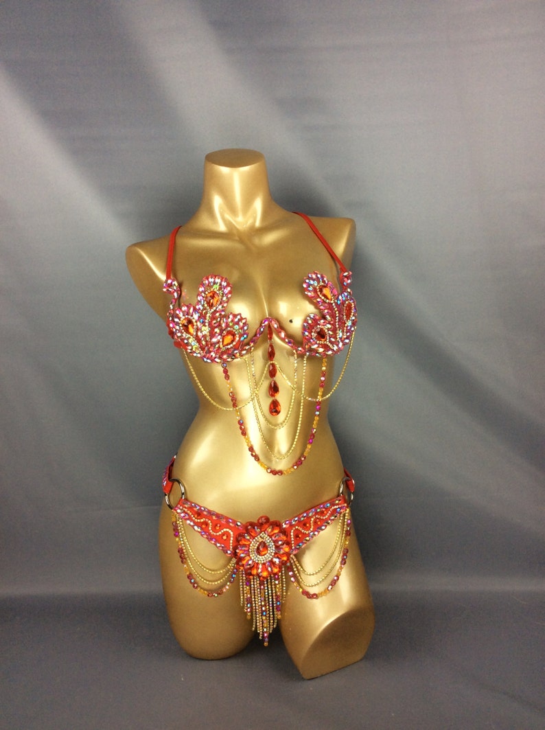 Samba Carnivel wire Bra and belt Rainbow Stone FREE SHIPPING CB010 red and gold color 