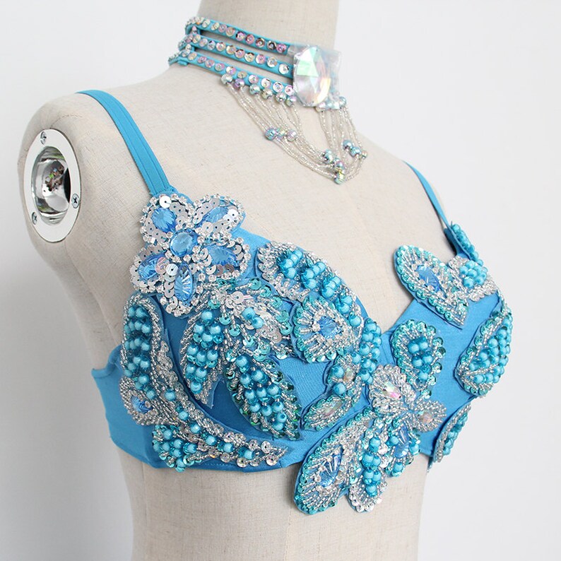 Hand Bead Belly Dance Samba Costume Silver Blue Bra Belt Skirt Etsy