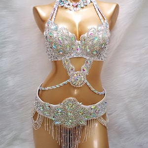 Halloween costumes Hand make Beaded Belly Dance Samba Costume silver color bra belt 3 pcs tf1732