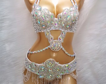 Halloween costumes Hand make Beaded Belly Dance Samba Costume silver color bra belt 3 pcs tf1732