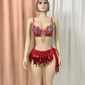 Samba Belly Dance Costume FREE SHIPPING Hand Beaded Red Color Bra and Scarf