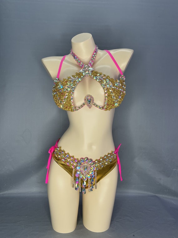 New Sexy Samba Carnival for Women Wire Bra & Belt Stones Belly Dance Suit