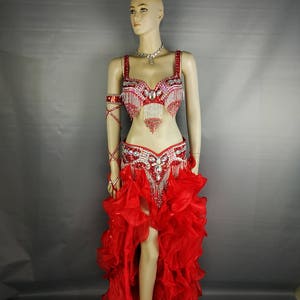 FREE SHIPPING Hand Beaded Belly Dance Samba Costume red color bra+ belt +skirt+arm+neck 5 pcs tf1618