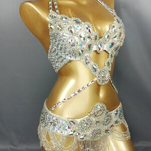 Halloween costumes Hand make Beaded Belly Dance Samba Costume silver color bra belt 3 pcs tf1732 image 5