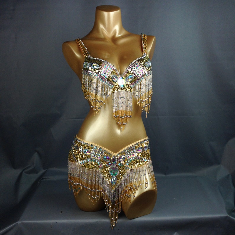 FREE SHIPPING Hand Beaded Belly Dance Samba Costume gold color bra belt 2pcs tf1618 