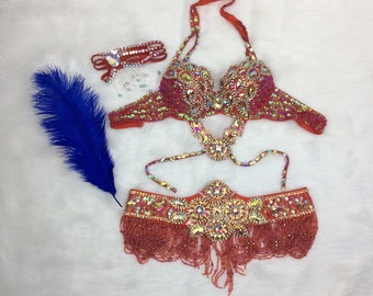 Déguisements d'halloween confectionnés à la main en perles de danse du ventre, costume de samba, ceinture de soutien-gorge de couleur rouge, 3 pièces tf1732