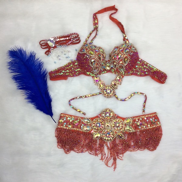 Déguisements d'halloween confectionnés à la main en perles de danse du ventre, costume de samba, ceinture de soutien-gorge de couleur rouge, 3 pièces tf1732