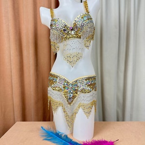 FREE SHIPPING Hand Beaded Belly Dance Samba Costume gold color bra belt 2pcs tf1618