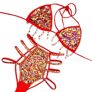 Samba Carnival Bra High Waist Pants RED Color Stone Hand Made 2 Piece