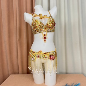 Costumes d'Halloween, fabrication artisanale de perles, danse du ventre, costume de samba, ceinture de soutien-gorge de couleur rouge, 2 pièces tf1921