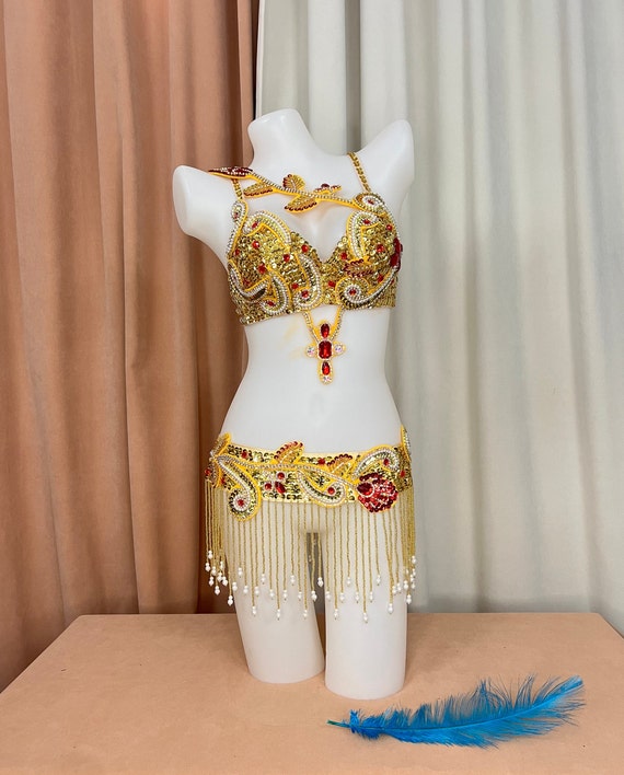 Halloween Costumes Hand Make Beaded Belly Dance Samba Costume Red Color Bra Belt 2 Pcs Tf1921 Etsy