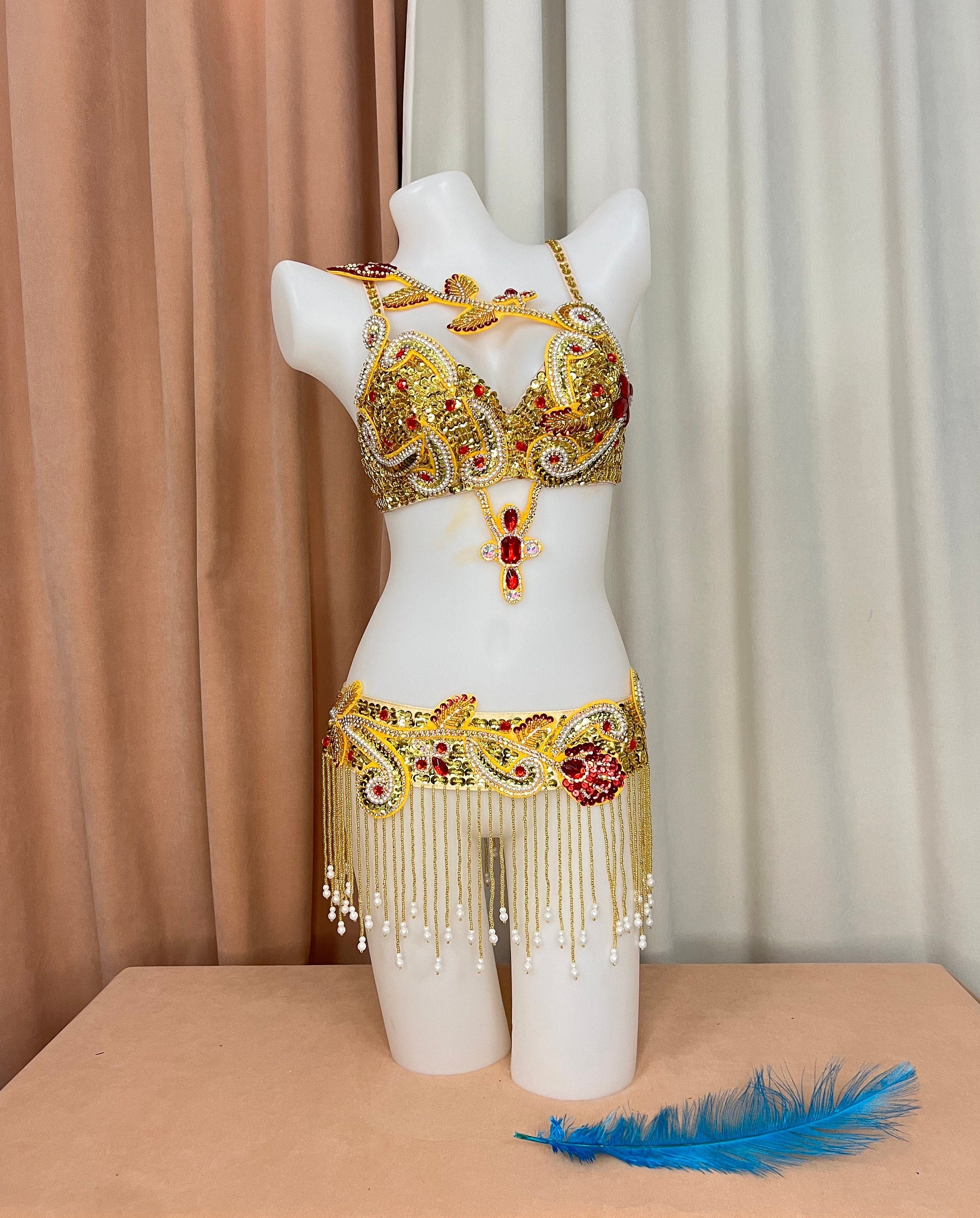 Halloween Costumes Hand Make Beaded Belly Dance Samba Costume Red