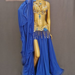 Halloween costumes Hand make Beaded Belly Dance Samba Costume ryoal blue&gold color bra belt 3 pcs tf1921+sk1905