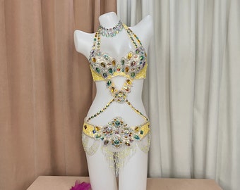 Halloween costumes Hand make Beaded Belly Dance Samba Costume yellow multicolour bra belt 3 pcs tf1732