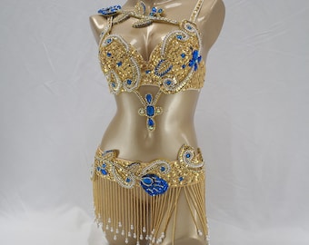 Halloween kostüme Hand Perlen Bauchtanz Samba Kostüm gold&ryoal blau Farbe BH Gürtel 2 Stück tf1921