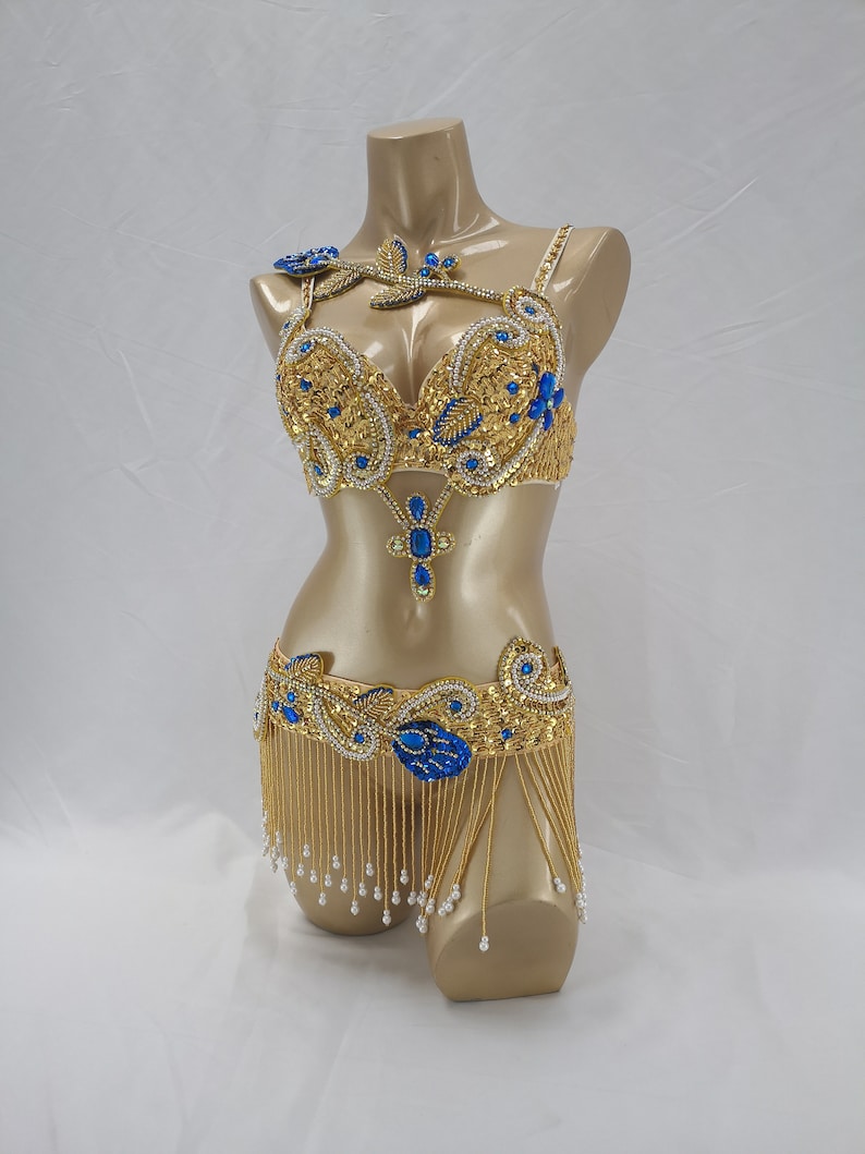 Halloween costumes Hand make Beaded Belly Dance Samba Costume gold&ryoal blue color bra belt 2 pcs tf1921732 