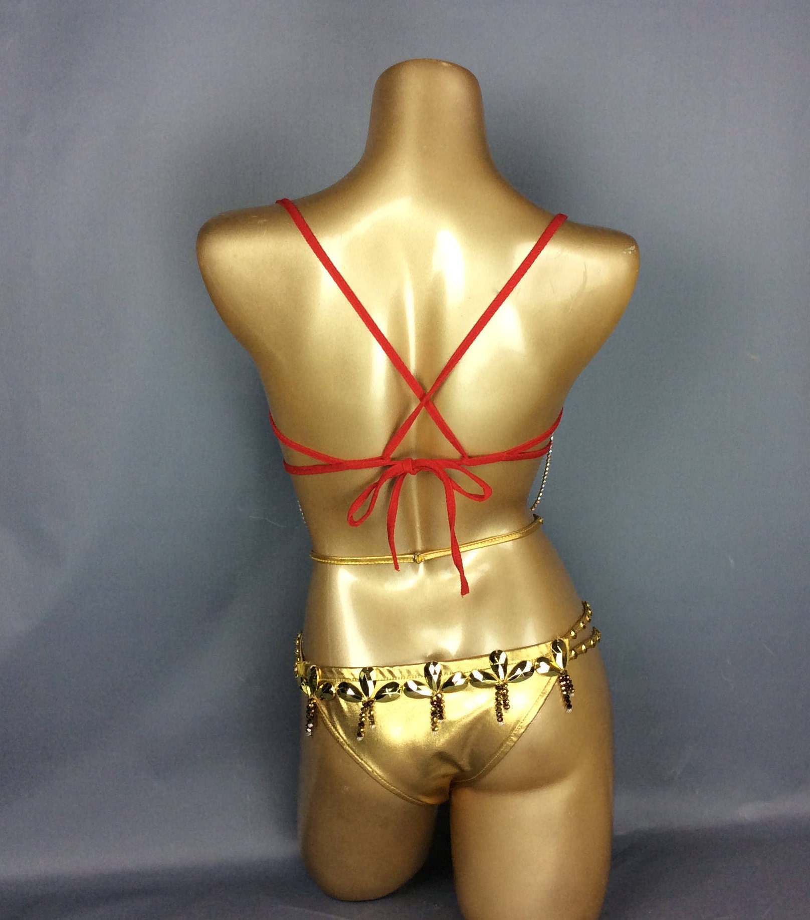 Samba Carnival Wire Bra & belt& Gold Panty Set Hand Made 3Piece