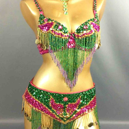 Buy FREE SHIPPING Hand Beaded Belly Dance Costume Bra Belt Neck 3pcs  PINKGREEN Online in India 