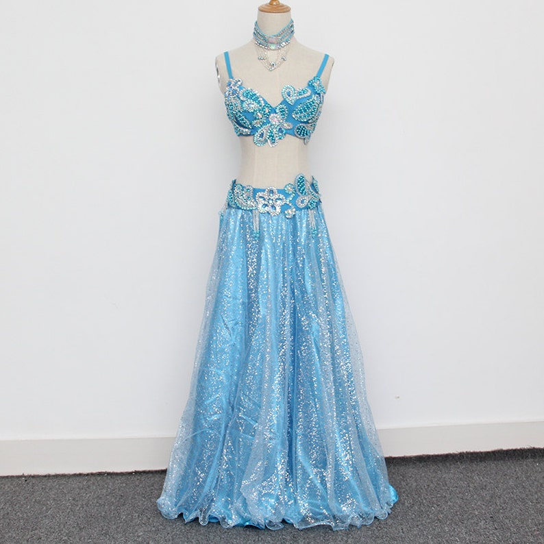 Hand Bead Belly Dance Samba Costume Silver Blue Bra Belt Skirt Etsy