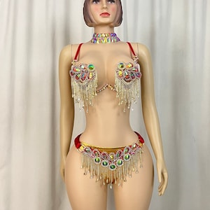 Nieuwe stijl samba carnaval handgemaakte kostuums bh, riem en panty rave set C053