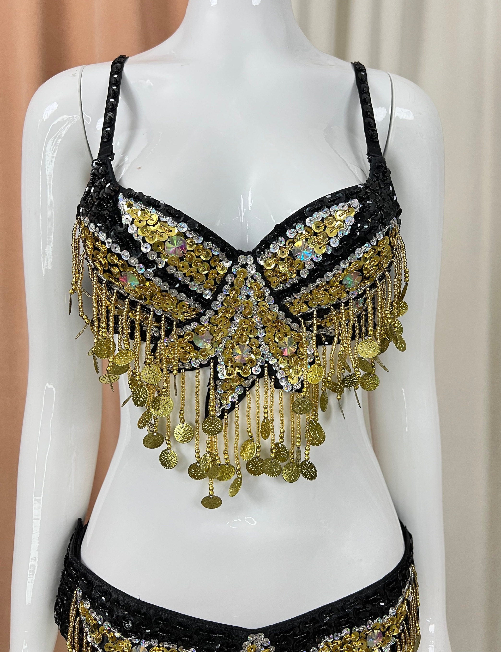 Samba Belly Dancing Hand Beaded Costume Black & Gold Color Bra