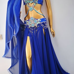 Hand Made Beaded Belly Dance Samba Costume ROYAL BLUE Color Bra Belt ...