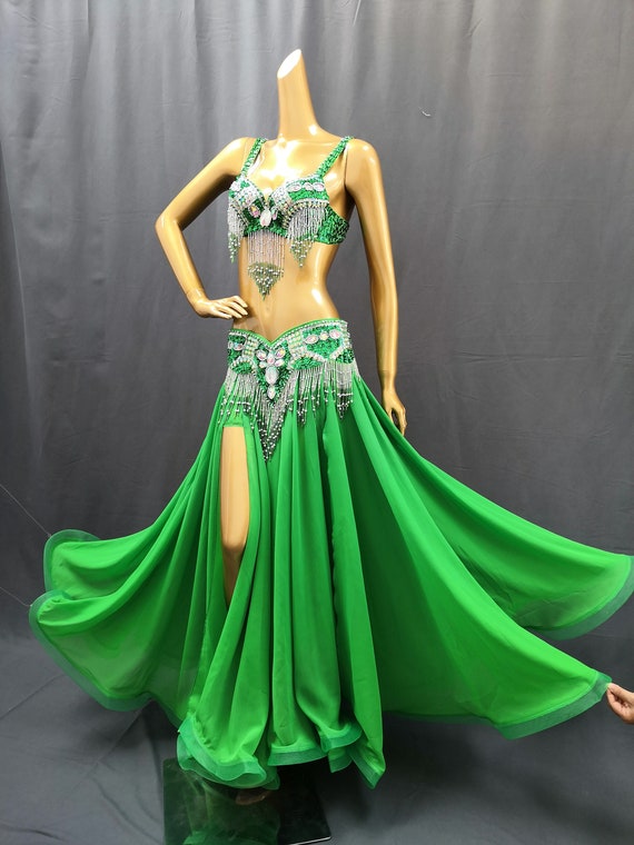 Hand Beaded Belly Dance Samba Costume Bra Only LIGHT GREEN Color Bra209 
