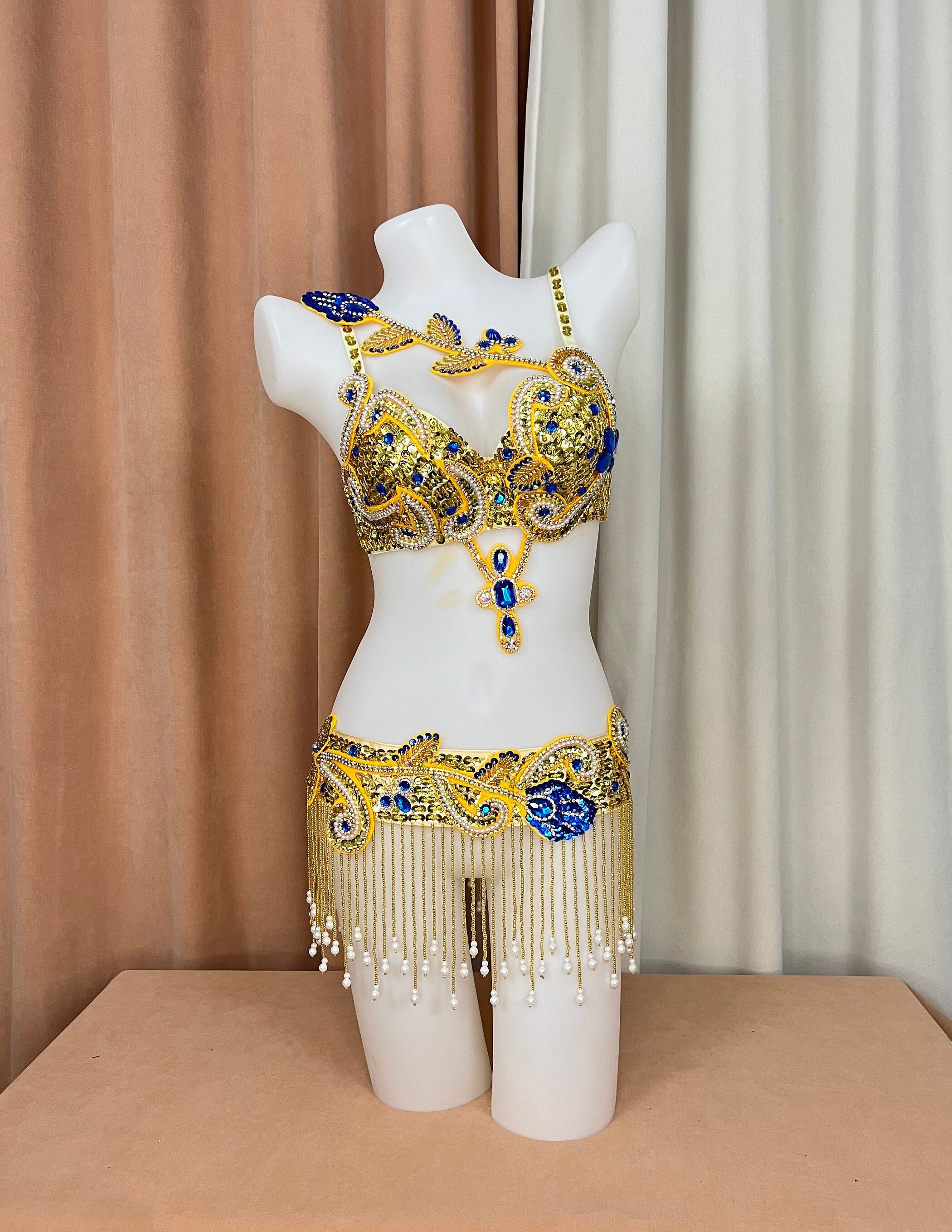 Halloween Costumes Hand Make Beaded Belly Dance Samba Costume Gold ryoal Blue Color Bra Belt 2 Pcs Tf1921 Etsy