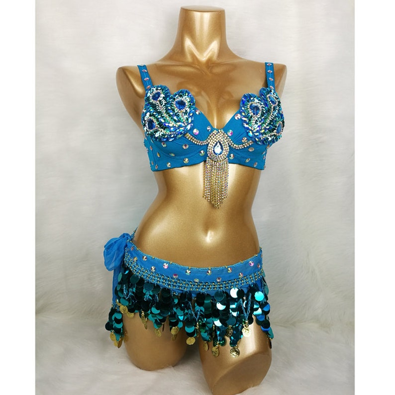 Samba Belly Dance Costume FREE SHIPPING Hand Beaded Blue Color Bra and Scarf image 2