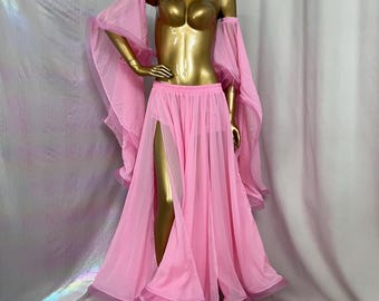 Samba Carnival Chiffon Double Slit Dance Skirt With Arm Sleeves For Belly Dance Performance Pink Color