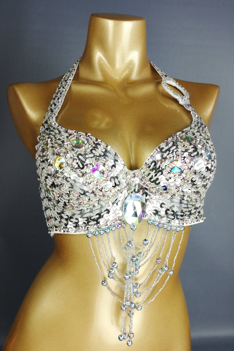 Hand Beaded Belly Dance Samba Costume bra only SILVER  color bra209 