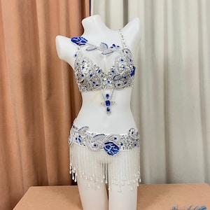 Costumes d'halloween confectionnés à la main danse du ventre avec perles Costume de samba argent et bleu ryoal couleur soutien-gorge ceinture 2 pièces tf1921732