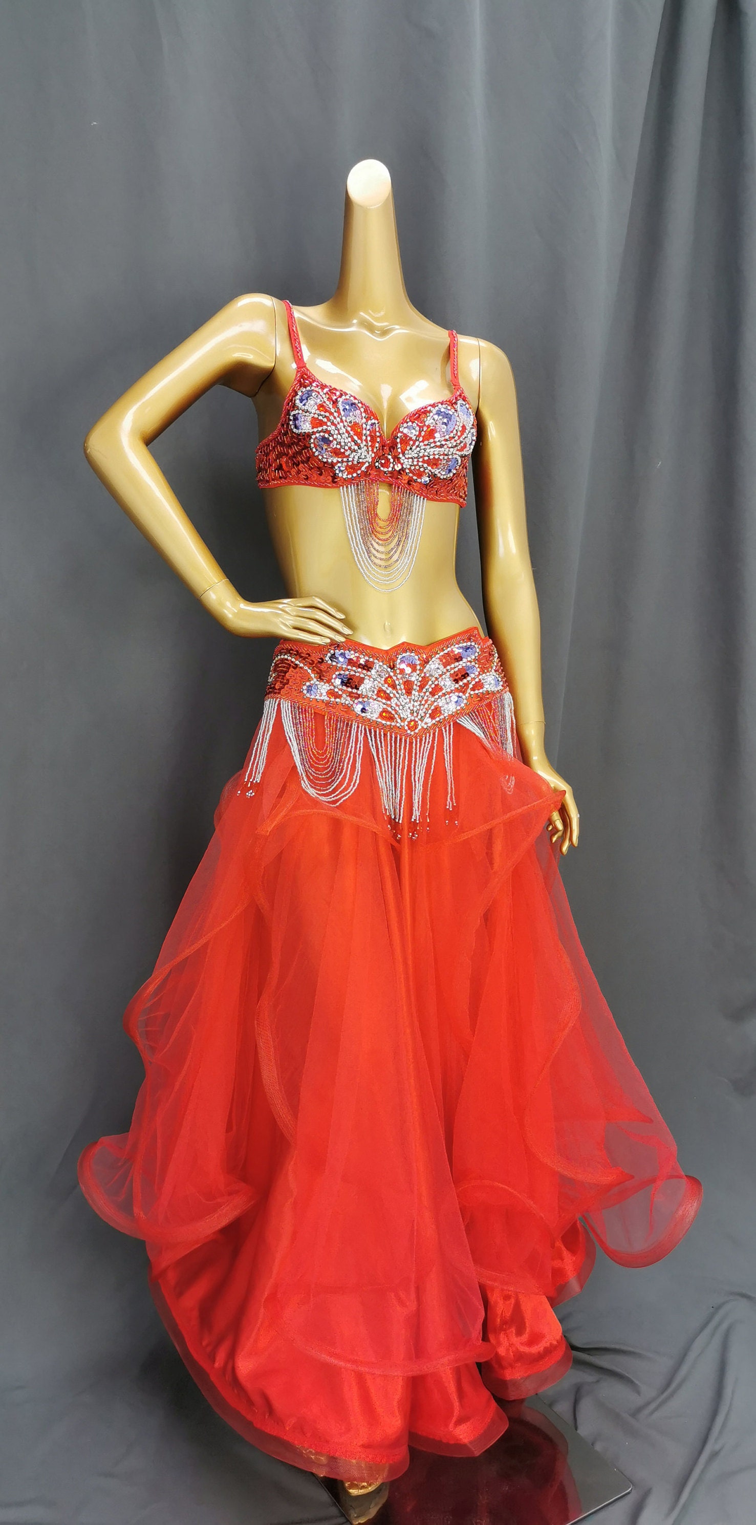 Hand Made Beaded Belly Dance Samba Costume Red Color Bra Belt skirtneck 4  Pcs Tf1732 