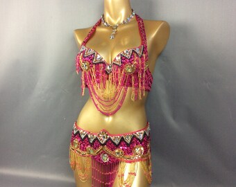 FREE SHIPPING Hand Beaded Belly Dance Samba Costume halloween costumes bra belt 2pcs- hot pink fuschia