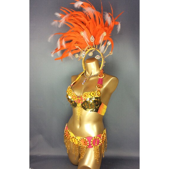 Samba Carnivel Costume Feathers Headdress Orange Gold Bra Belt