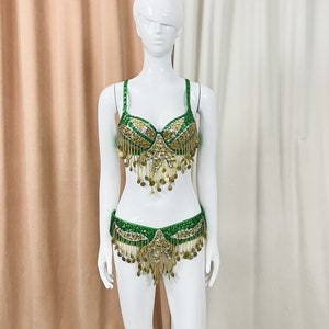 Samba buikdansen handkralen kostuum goud donkergroene kleur beha riem nek 3st