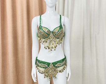 Samba Belly Dancing Hand Beaded  Costume Gold Dark Green color Bra Belt  Neck 3pcs
