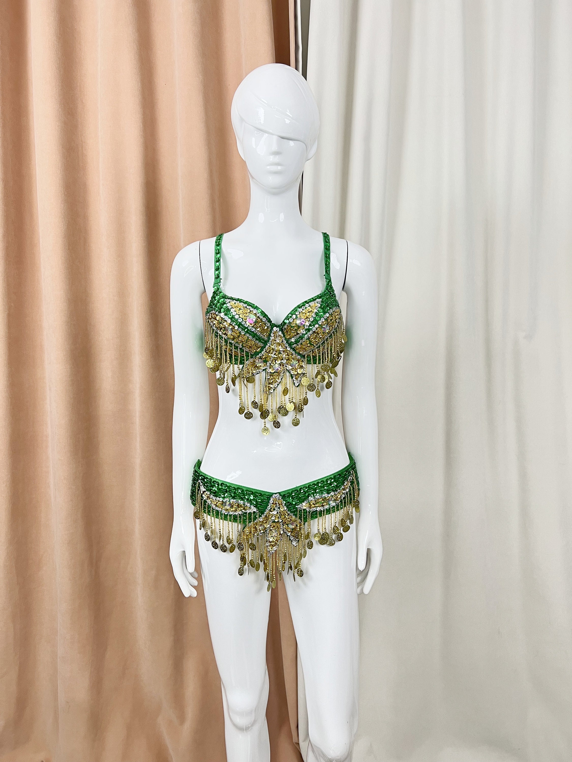 Samba Belly Dancing Hand Beaded Costume Gold Dark Green Color Bra Belt Neck 3pcs Etsy