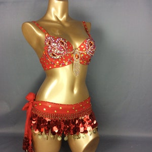 Samba Belly Dance Costume FREE SHIPPING Hand Beaded Red Color Bra and Scarf