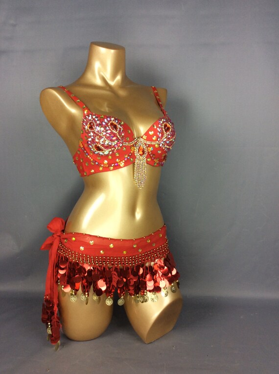 Samba Belly Dance Costume FREE SHIPPING Hand Beaded Red Color Bra