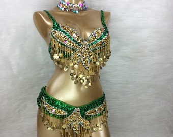 Costume de samba danse du ventre perlé à la main or vert foncé soutien-gorge ceinture cou 3 pièces