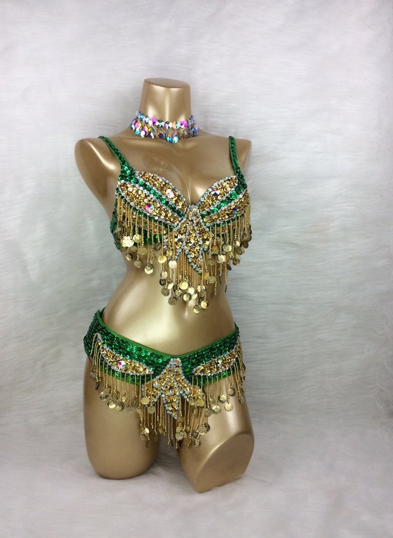 Samba Belly Dancing Hand Beaded Costume Gold Dark Green Color Bra Belt Neck  3pcs -  Canada