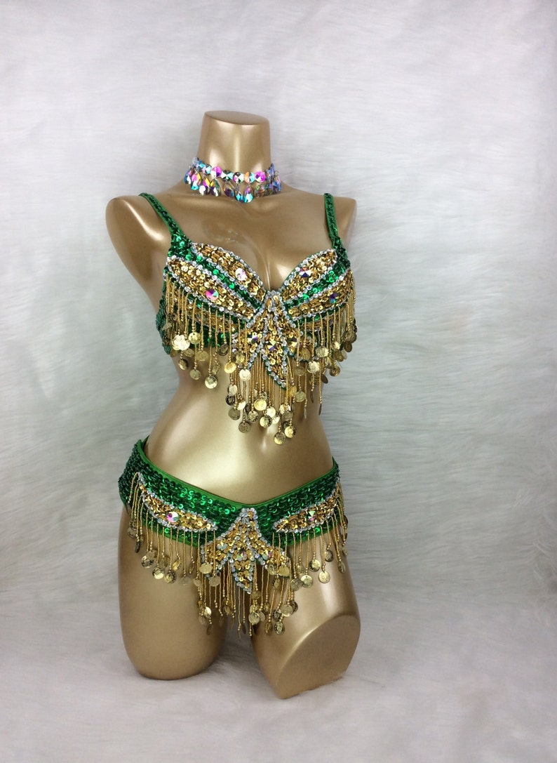 Samba Belly Dancing Hand Beaded  Costume Gold Dark Green color Bra Belt  Neck 3pcs 