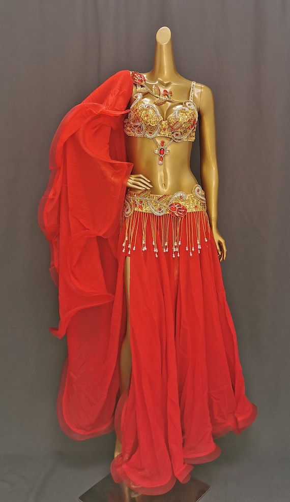 Halloween Costumes Hand Make Beaded Belly Dance Samba Costume Red&gold Bra  Belt 3 Pcs Tf1921sk1905 