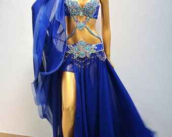 Hand Made Beaded Belly Dance Samba Costume ROYAL BLUE Color Bra Belt  skirtneck 4 Pcs Tf1732 